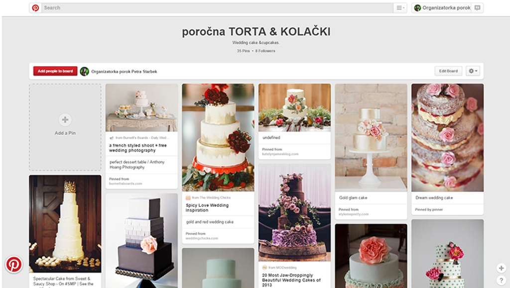 V Pinterestu se naredijo različne tabele, ki označujejo posamezno tematiko, kot so poročne obleke, poročne torte...