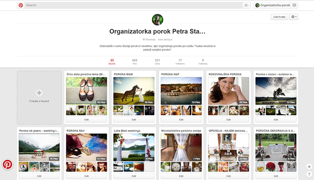 Organizatorka porok Petra Starbek na Pinterestu prikazuje svoje poroke.