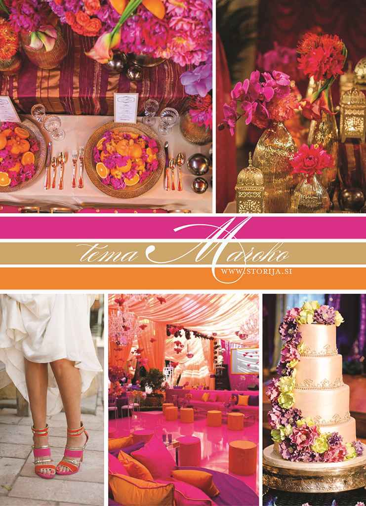 Poročni kolaž sestavljen v roza, zlati ter oranžni barvi. Foto: (avtorji so spodaj) kolaž sestavila Petra Starbek