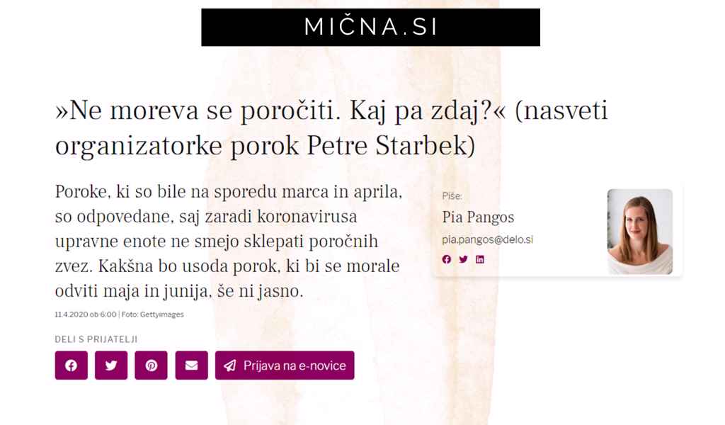 Pogovor z načrtovalko porok Petro Starbek o tem, kako organizirati poroko v času korona virusa